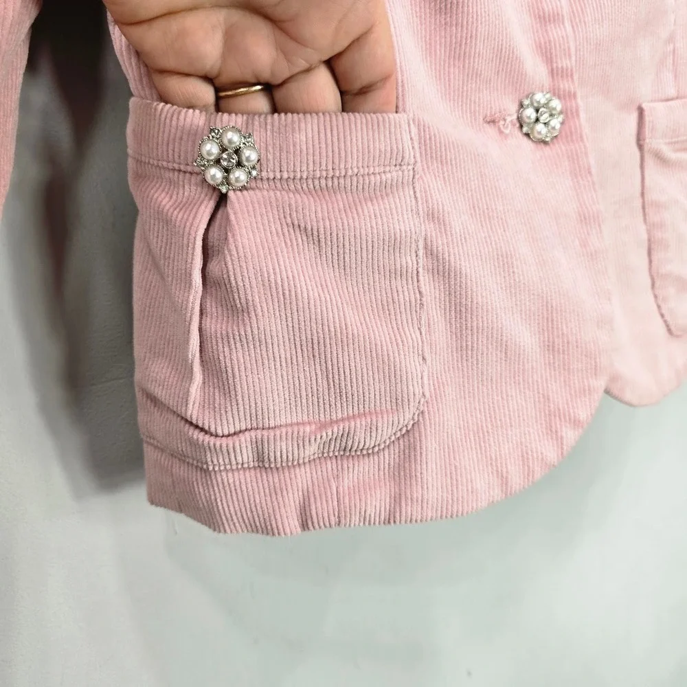 Vintage Y2K Corduroy Blazer Jacket S Pink Lace Up Embellished Barbie Feminine